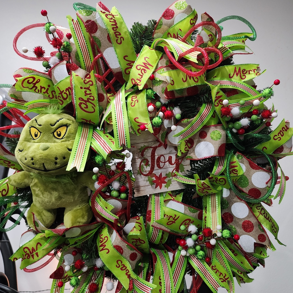 Festive Christmas Wreath with Grinch Plush